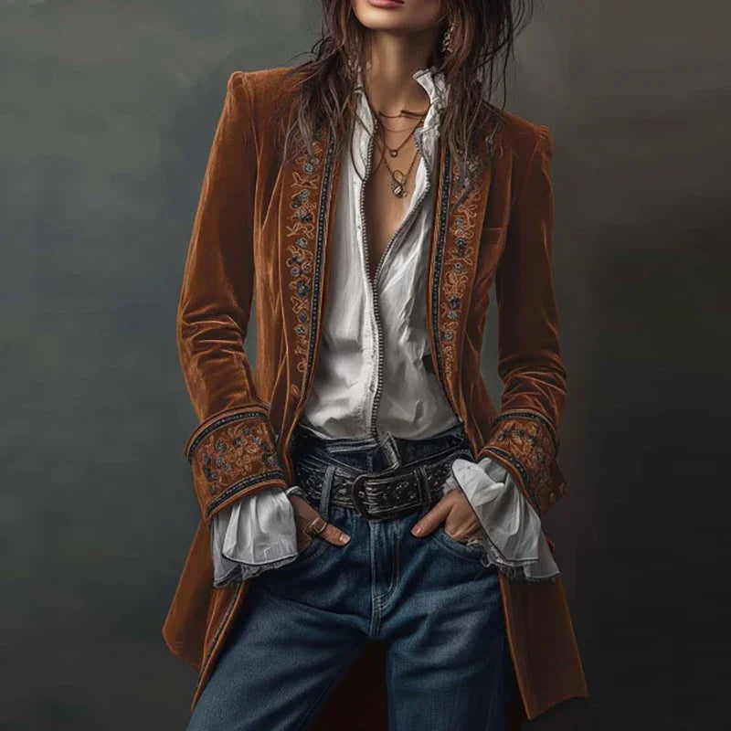 Vintage Ethnic Floral Print Velvet Women's Coat Fall Chic Stand Collar Slim Jacket Cardigan Winter Long Sleeve Female Outerwears