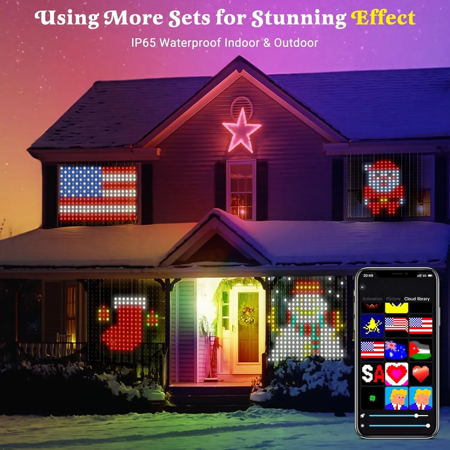 Smartes LED-Vorhanglicht RGB, per App gesteuert, für DIY-Weihnachtsdekoration; projiziert animierte Bilder einer amerikanischen Flagge und des Weihnachtsmanns auf die schneebedeckte Fassade eines Hauses; mit ROHS- und CE-Zertifizierung für festliche Beleuchtung im Außenbereich