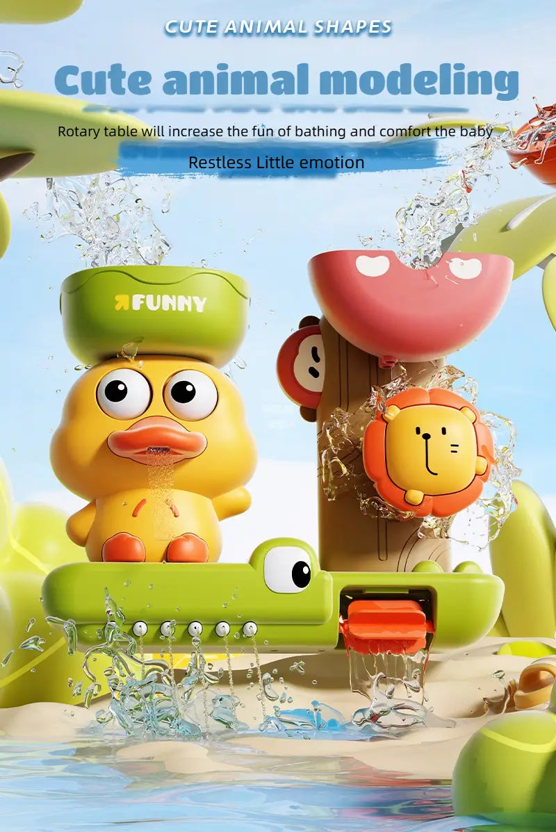 「duck waterwheel bath toy suction cup kids tub set」は、オレンジのくちばしと足を持つ黄色いアヒル、獅子とカエルの顔が付いた緑のベース、オレンジのライオンの顔が側面に取り付けられた赤いサルのヘッドピースなどを組み合わせた、鮮やかな色のラバー調の動物をテーマにしたデザインが特徴です。