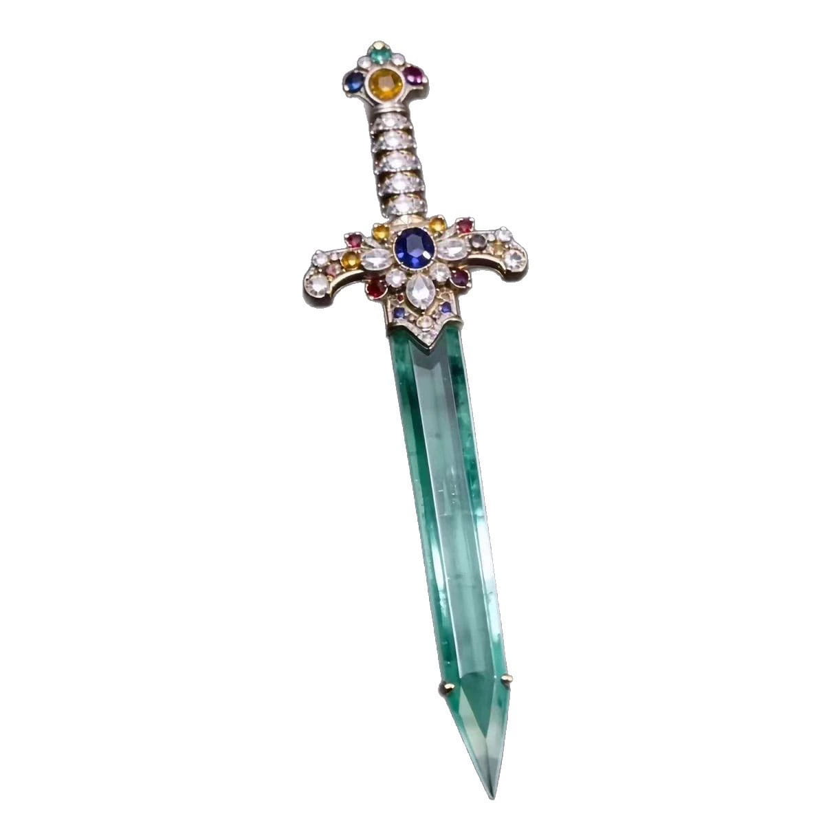 Épinglette en cristal vert en forme de broche d’épée, avec une lame de cristal émeraude étincelante, une garde au ton argenté et une croix de garde ornée de pierres précieuses multicolores.