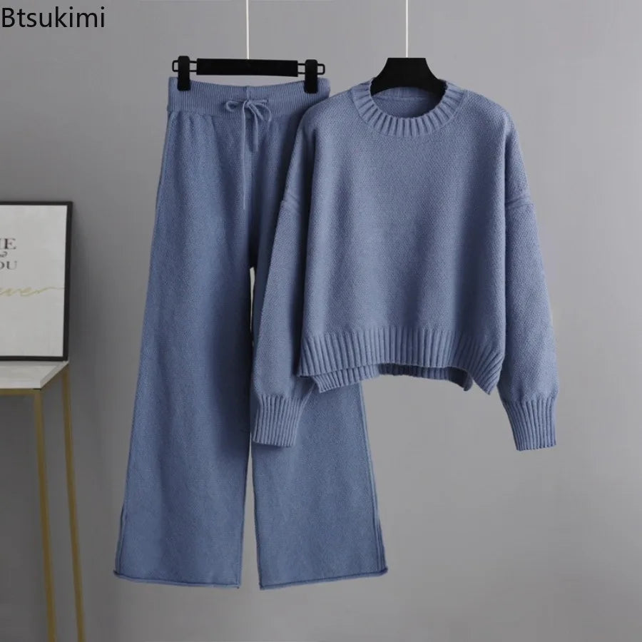 Winter Thick Knitted 2 Piece Sets Women Half Turtleneck Knitwears Sweater Loose Pullover Tops High Waist Wide-leg Pants Outfit