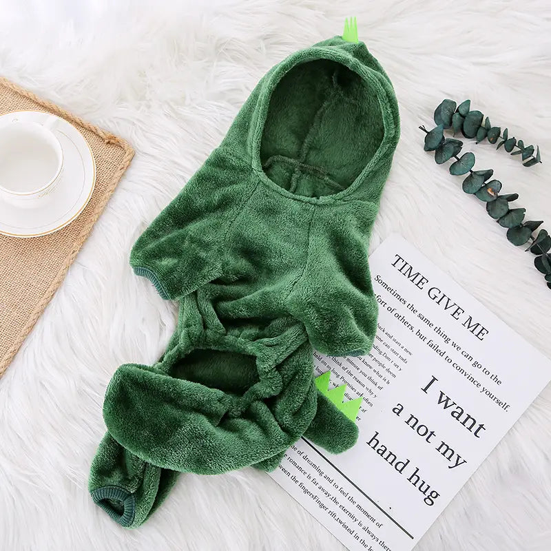 ropa de perro de forro polar verde para perros pequeños, con una capucha con temática de dinosaurio y detalle en la cola; mono para perros.