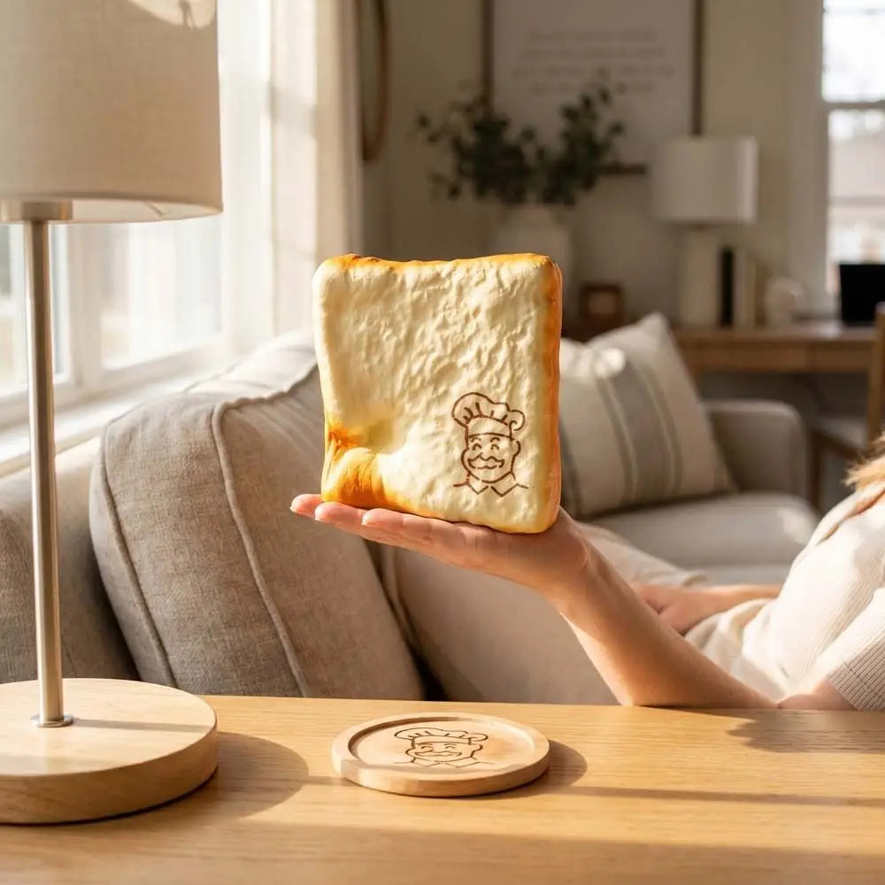 a golden-brown toasted bread slice squishy toy with a charming chef illustration etched on the front surface designed as a sensory fidget toy for a universal age range