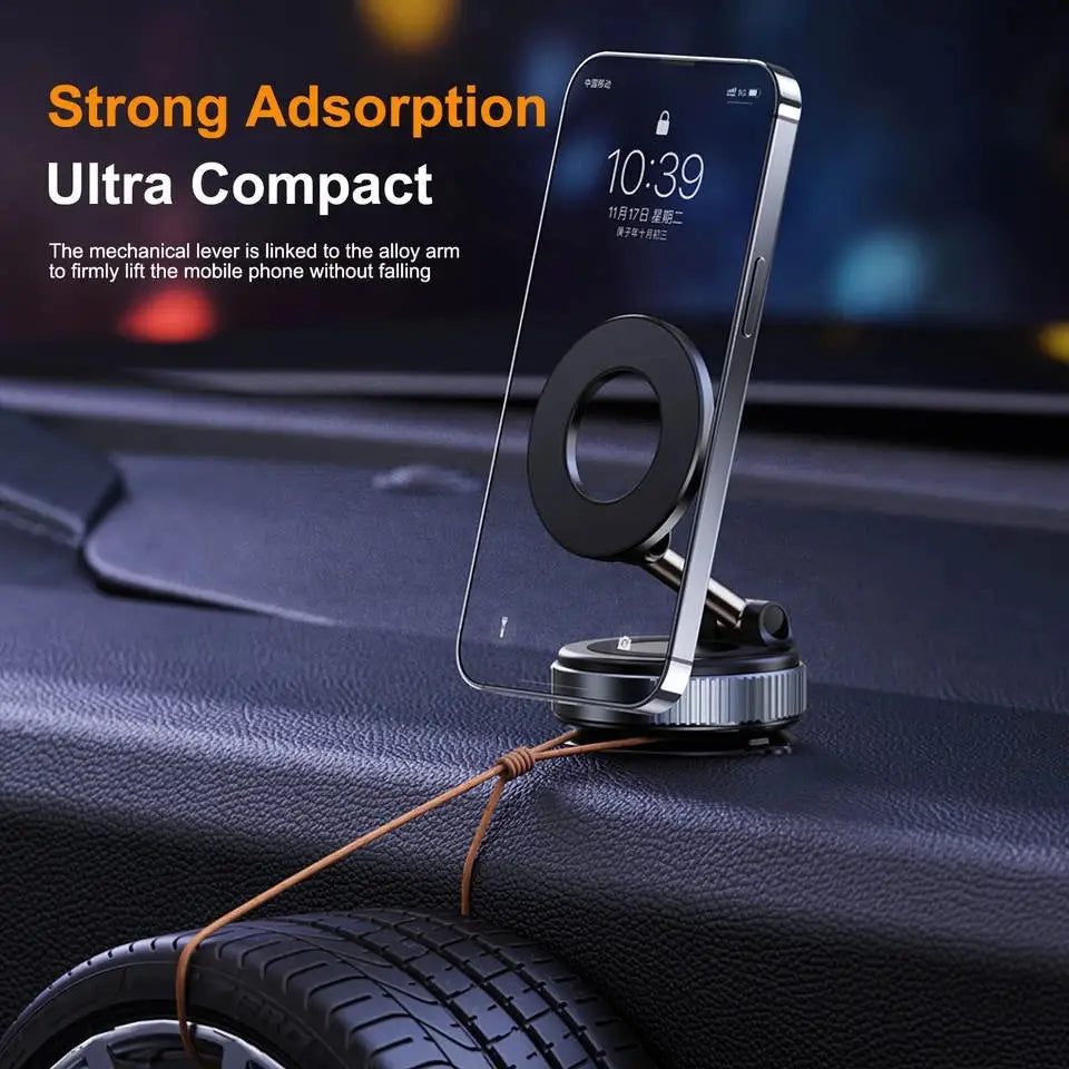 Silver and black magnetic car phone mount with sleek ultra-compact design for secure 360 dashboard placement