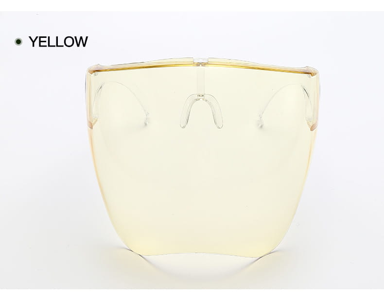 yellow transparent full face safety glasses protective face shield mask with sleek curved design and molded ear loops providing effective protection glasses features
