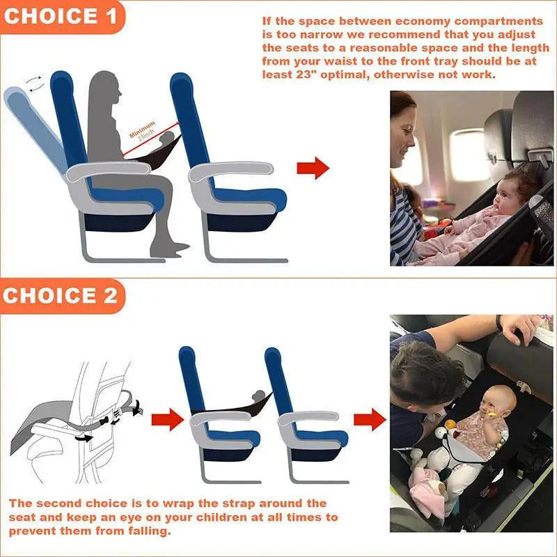 blauer und grauer Economy-Class-Flugzeugsitz mit verstellbarem Tabletttisch; die tragbare Flugzeugbett-Fußstütze für Kinder und Kleinkinder ist für komfortables Reisen ausgelegt.