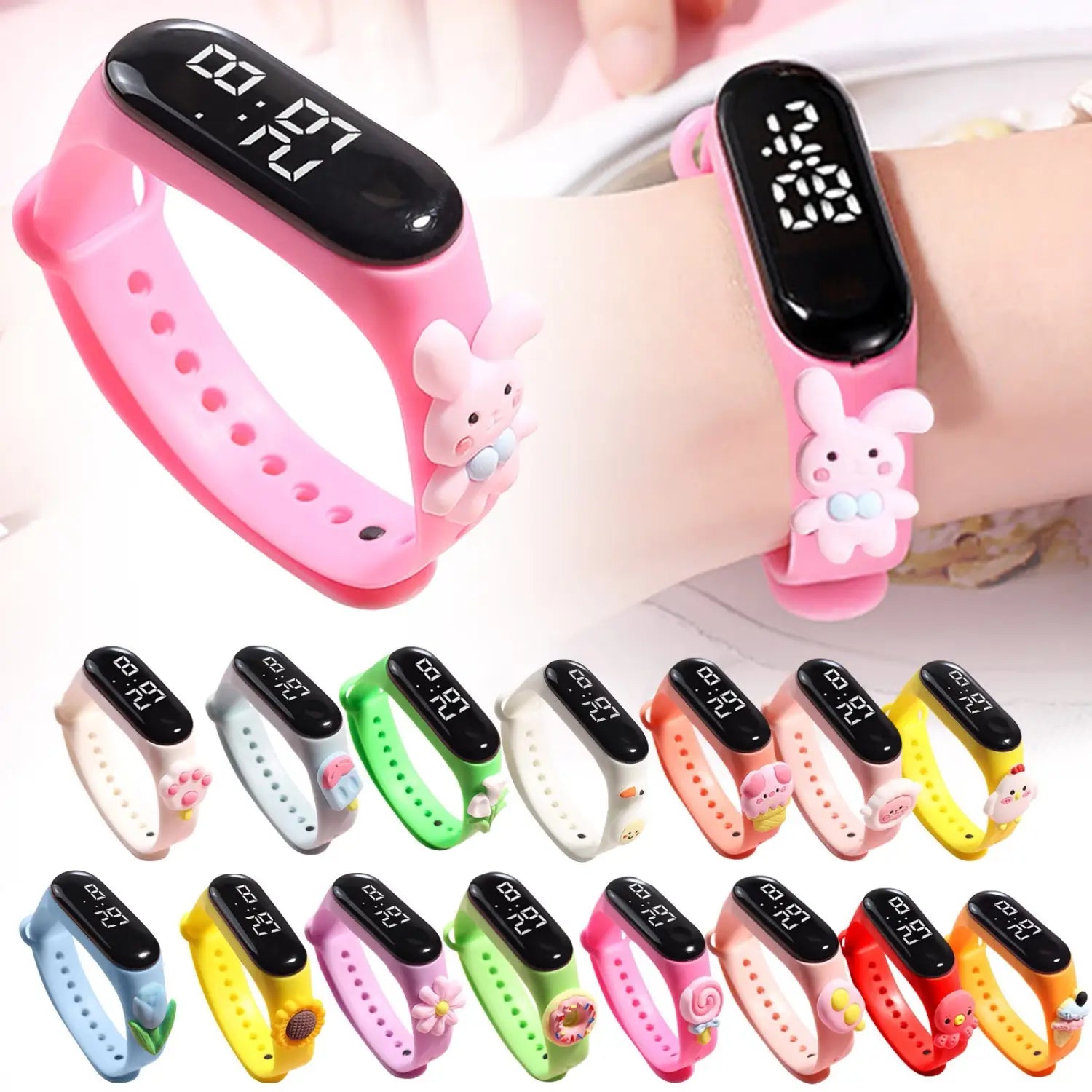 pink silicone digital kids watch with life waterproof feature and black display screen featuring a cute bunny charm