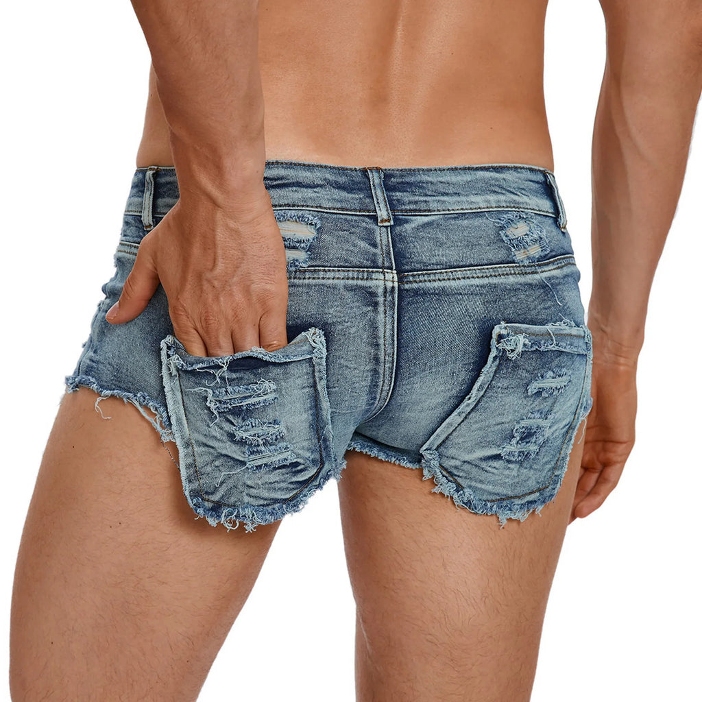 Mens Denim Boxer Shorts Stylish Ripped Bottoms with Pockets Low Rise Raw Trim Distressed Mini Shorts Hot Pants for Rave Party