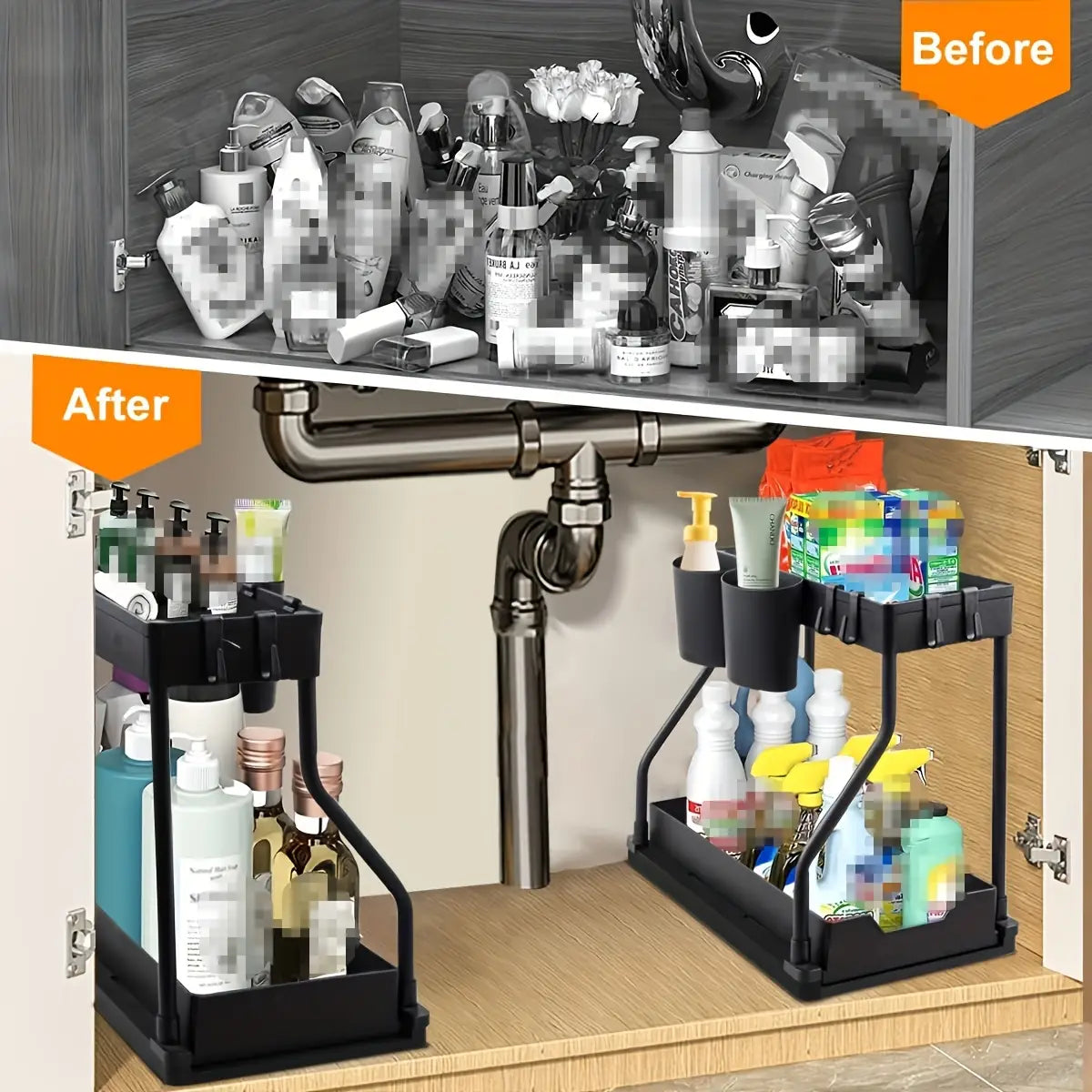 Organisateur sous évier noir à deux niveaux, avec design à extraction, étagères réglables et supports pour tasses, pour le rangement sous l’évier.