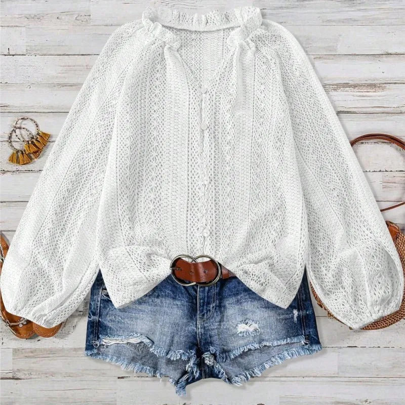 Women's Blouses Spring And Autumn New Loose Fashion Simple All-Match Hollow Lace V-neck Single Breaked Long Sleeve Women Shirts