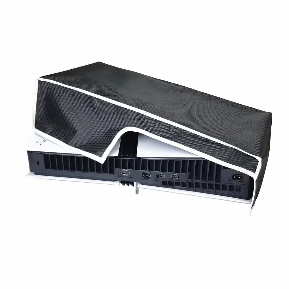 black mesh protective dust cover with white trim made of oxford cloth designed to fit over the ps5 pro console horizontally