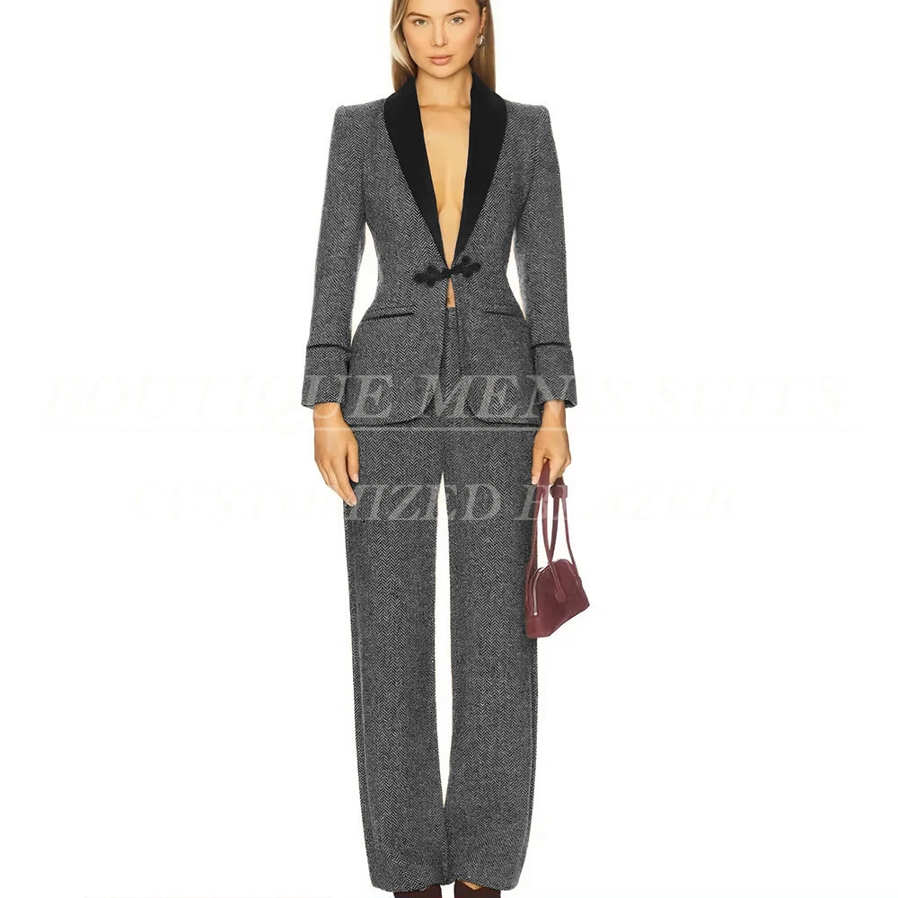 Formal Women's Suits Tweed Single Button Shawl Lapel Slim Fit 2 Piece Jacket Pants Luxury Office Lady Female Clothing Outfits