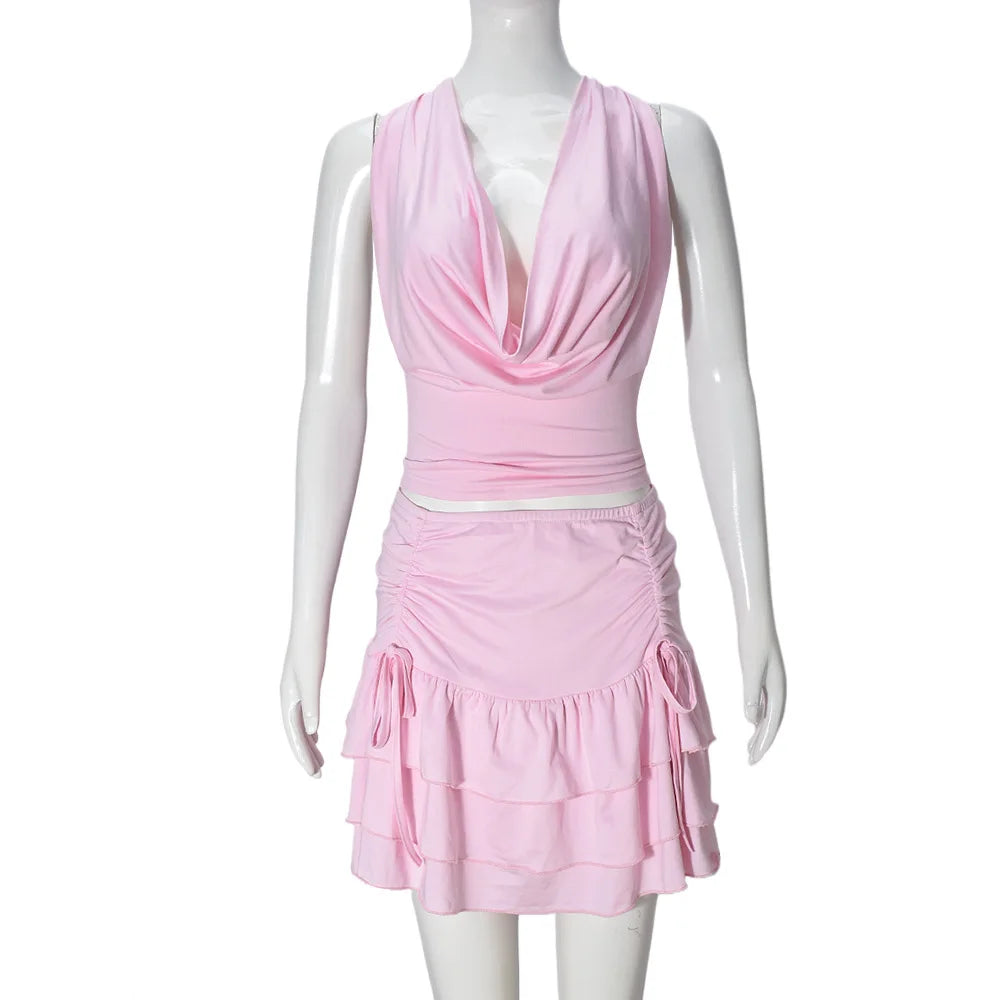 Dress Sets Women Sexy Tops Matching Sets V Neck Tops Spliced Solid Skirts Slim Fit Hollow 2025 Mini Skirt Two Pieces Summer