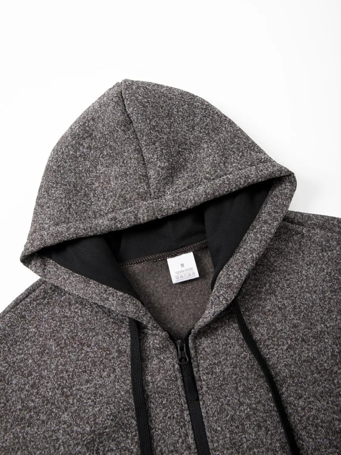 Gray heathered men’s fleece lined knit hooded jacket with black inner lining and front zipper.