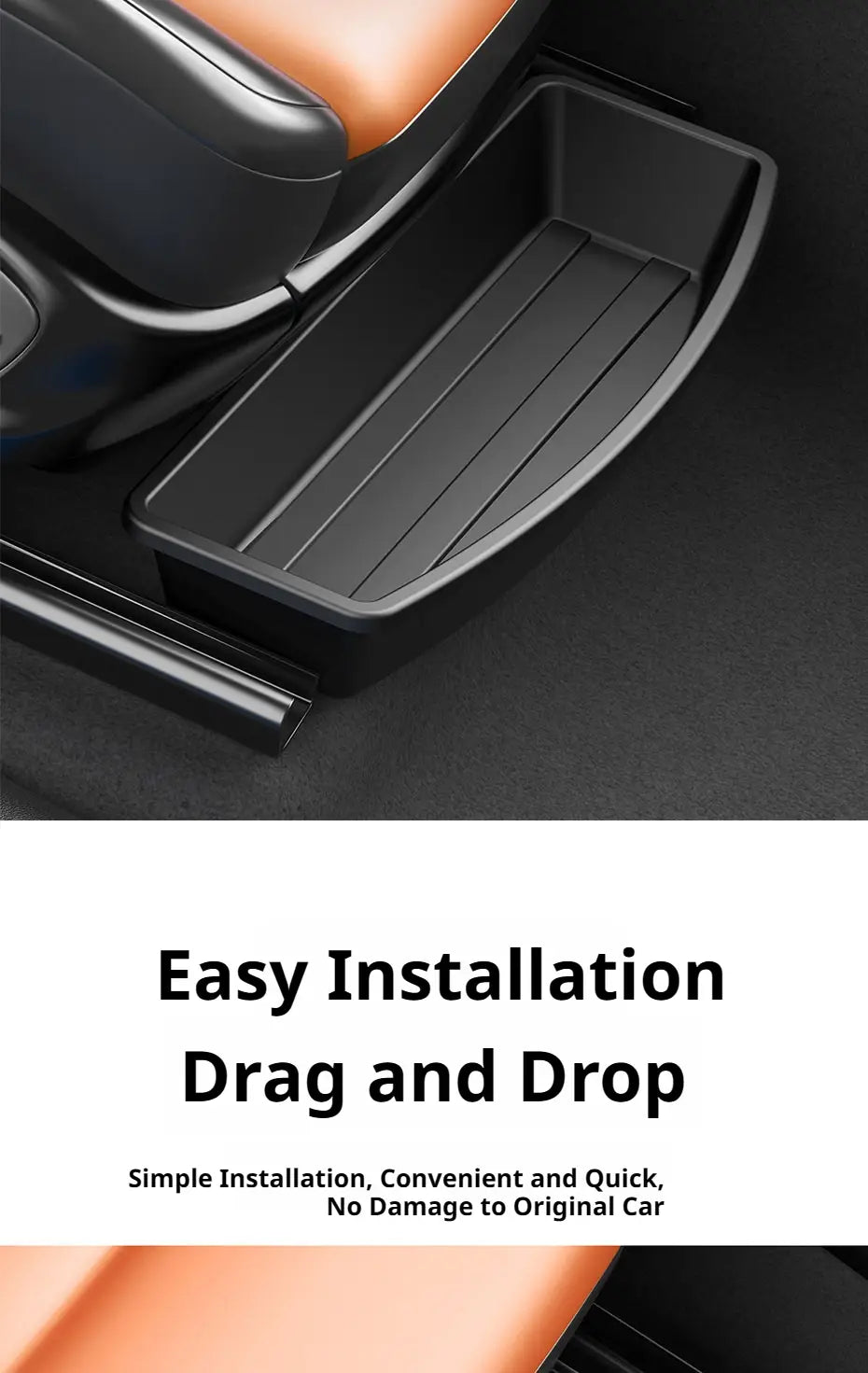 Black plastic under seat car storage organizer box footrest tray with ribbed texture for enhanced grip.