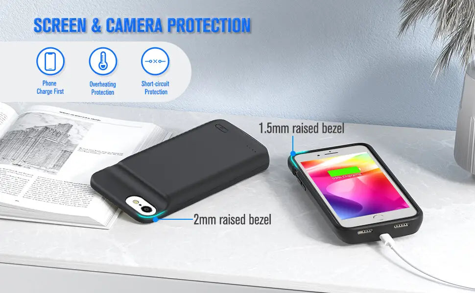 black battery case for iphone se 2020 8 7 6 6s with 6000mAh battery capacity features a sleek design with 1.5mm and 2mm raised bezels for screen and camera protection.
