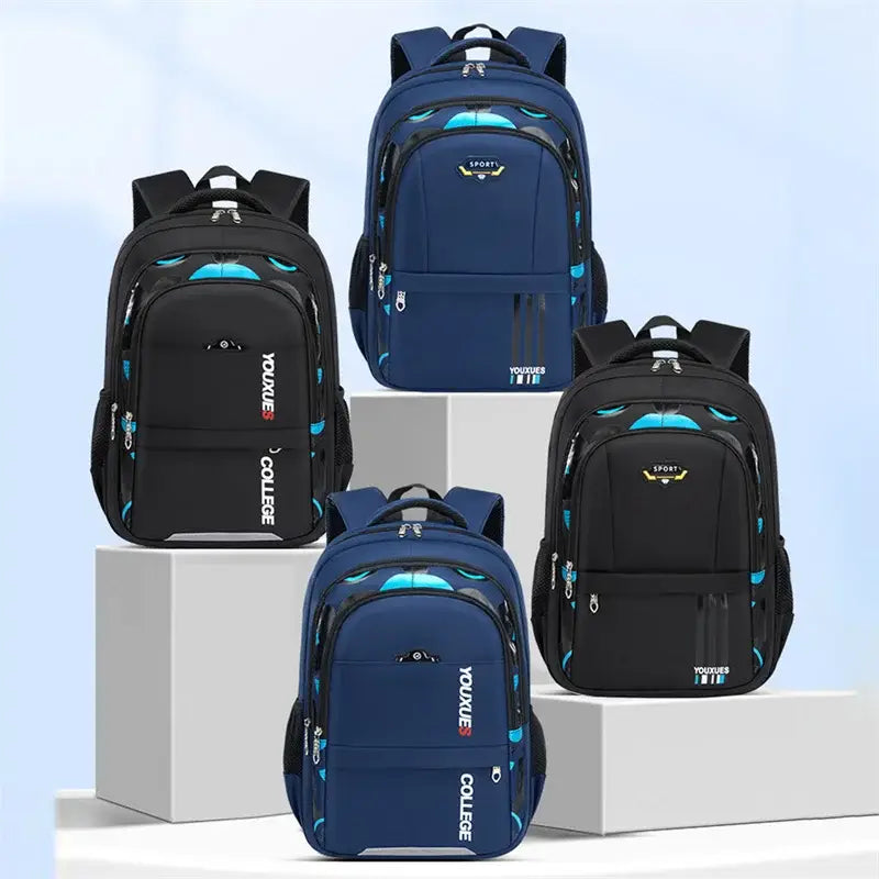 Navyblauer und schwarzer Jungen-Wasserschulrucksack „youxue“ mit Akzenten in Petrol, ausgelegt für Langlebigkeit und den täglichen Gebrauch.