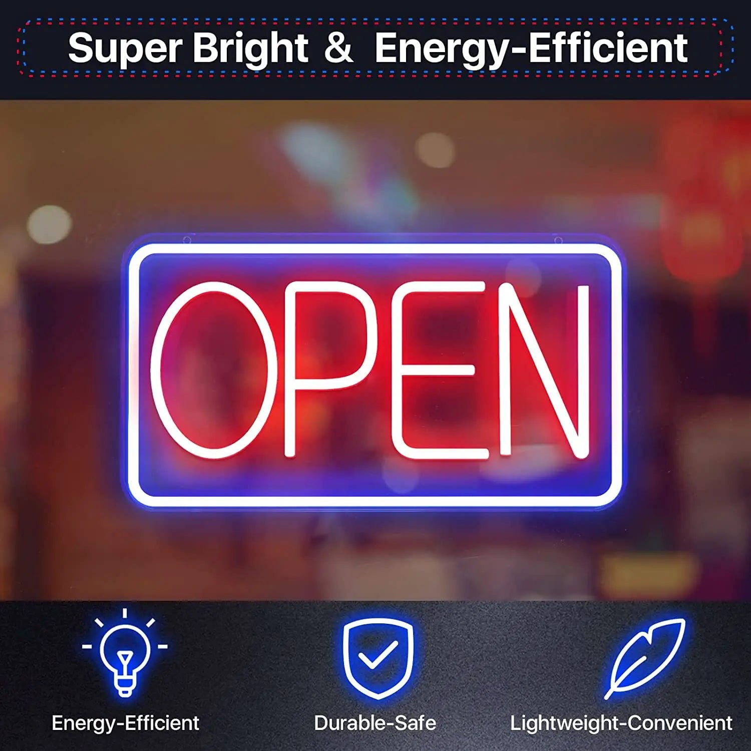 led open neon sign with adjustable brightness featuring a glowing neon sign with bright red and blue neon lights in a rectangular frame as a vibrant light source.