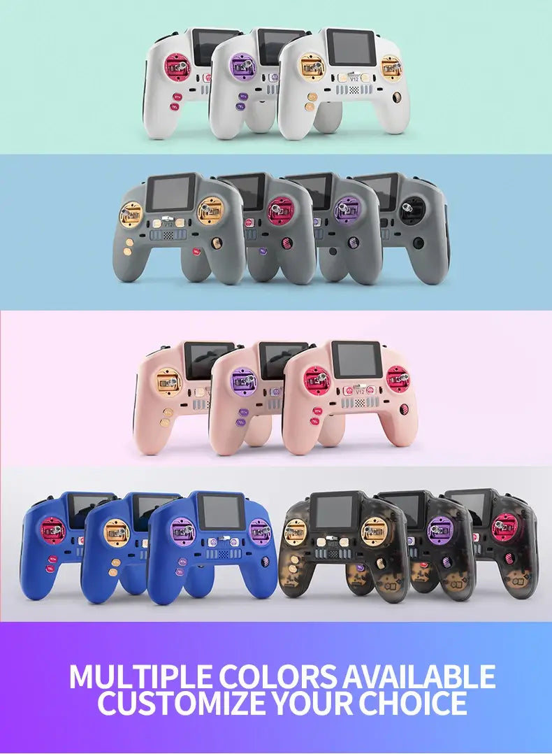 Télécommandes grises, roses, bleues et noires du transmetteur radio FPV Edgetx V12, avec des autocollants circulaires colorés à l’avant.