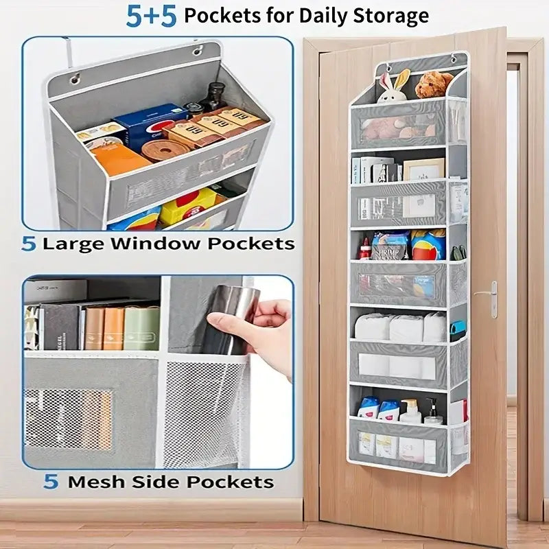 Gray fabric hanging storage organizer with large capacity pockets including five large window pockets and five mesh side pockets suitable for door mounting.
