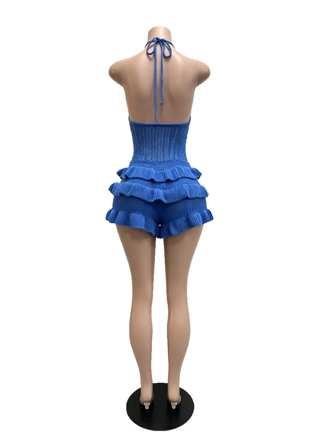 blue knitted halter romper summer playsuit with ruffled shorts set suitable for casual wear