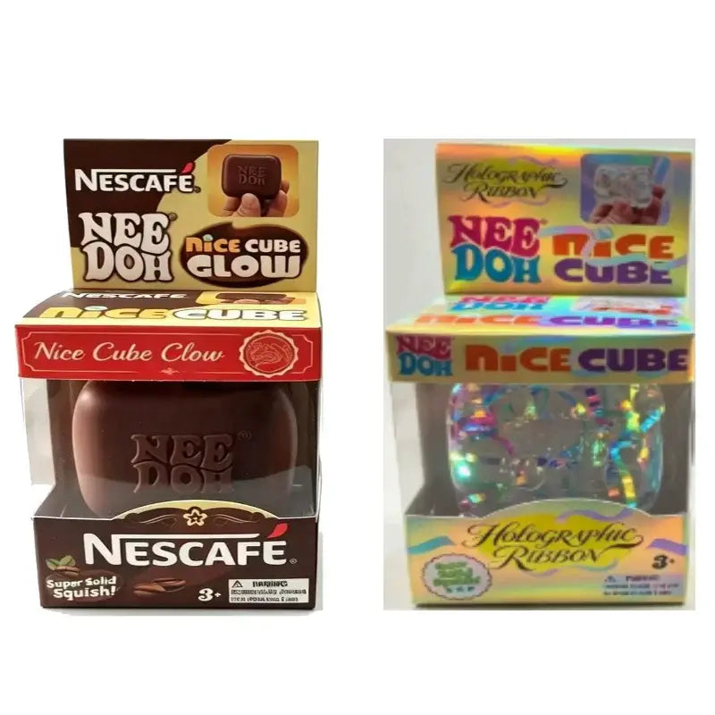 Ein schokoladenbraunes, formbares Nee-Doh-Nice-Cube-Glow-Spielzeug mit eingeprägter Markenkennzeichnung aus der Kollektion der Needoh-Maltose-Eiswürfel-Sensory-Fidget-Spielzeuge.