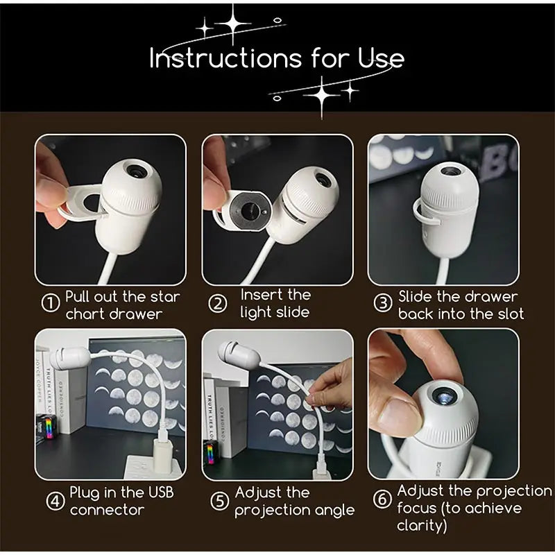 White plastic starry sky night light atmosphere lamp projector with a curved arm and usb connector.