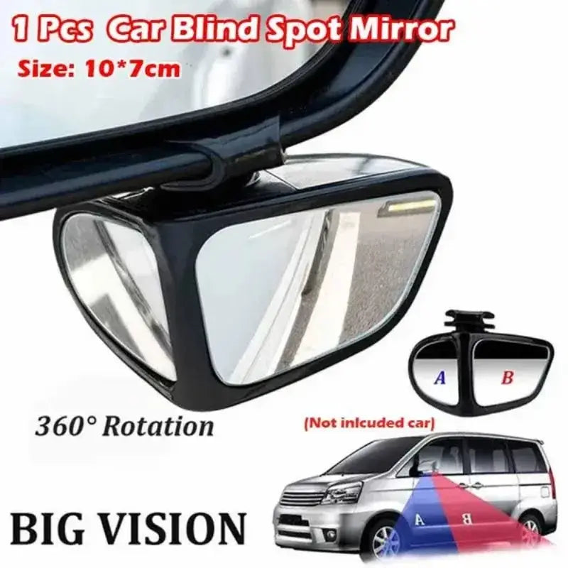 Black plastic car blind spot mirror with reflective surface and 360 rotation adjustable feature shown from the back side.