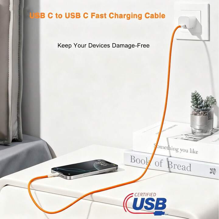Orange usb c to usb c fast charging cable made of durable nylon braided material with a sleek design supporting 6a power delivery