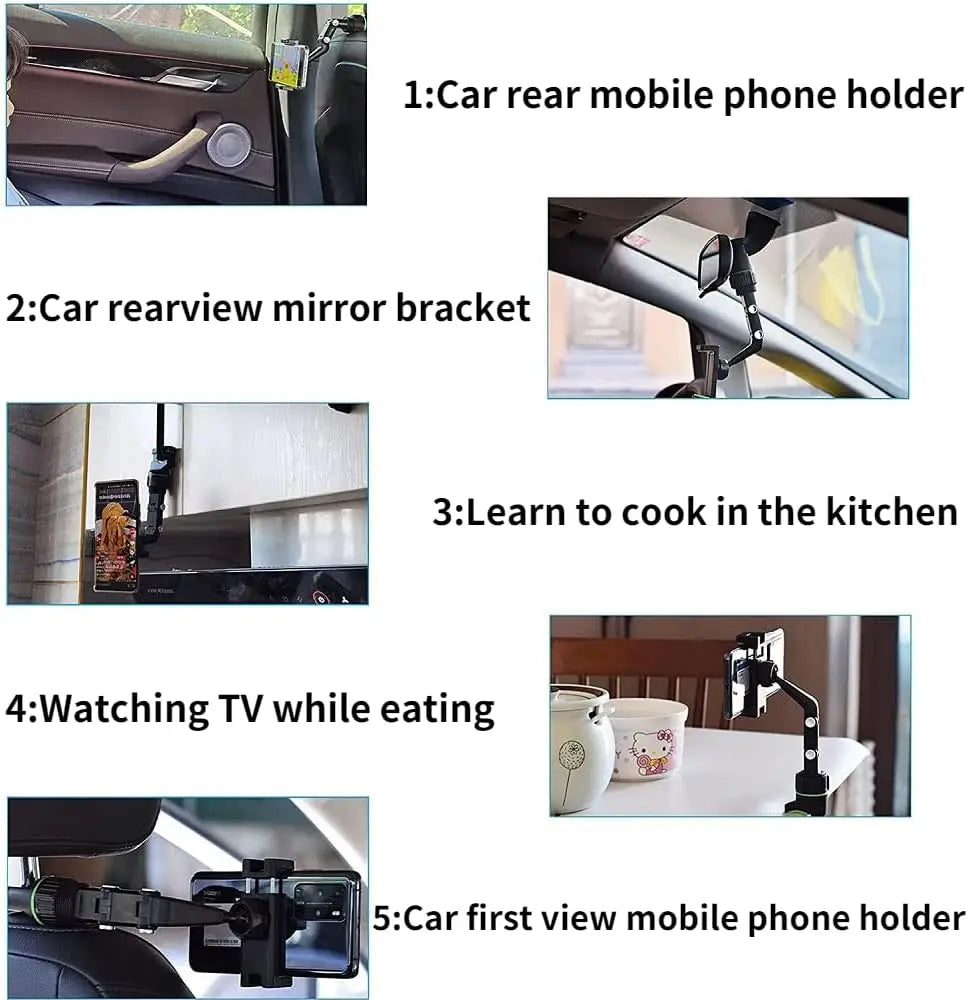 Black adjustable rearview mirror car phone holder with 360 rotatable clamp and flexible arm for mounting on various surfaces.