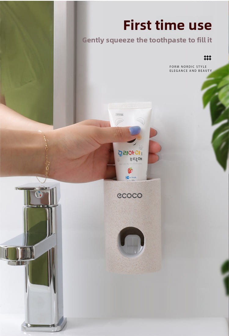Beige textured wall mounted toothpaste dispenser and holder set featuring ecoco branding.
