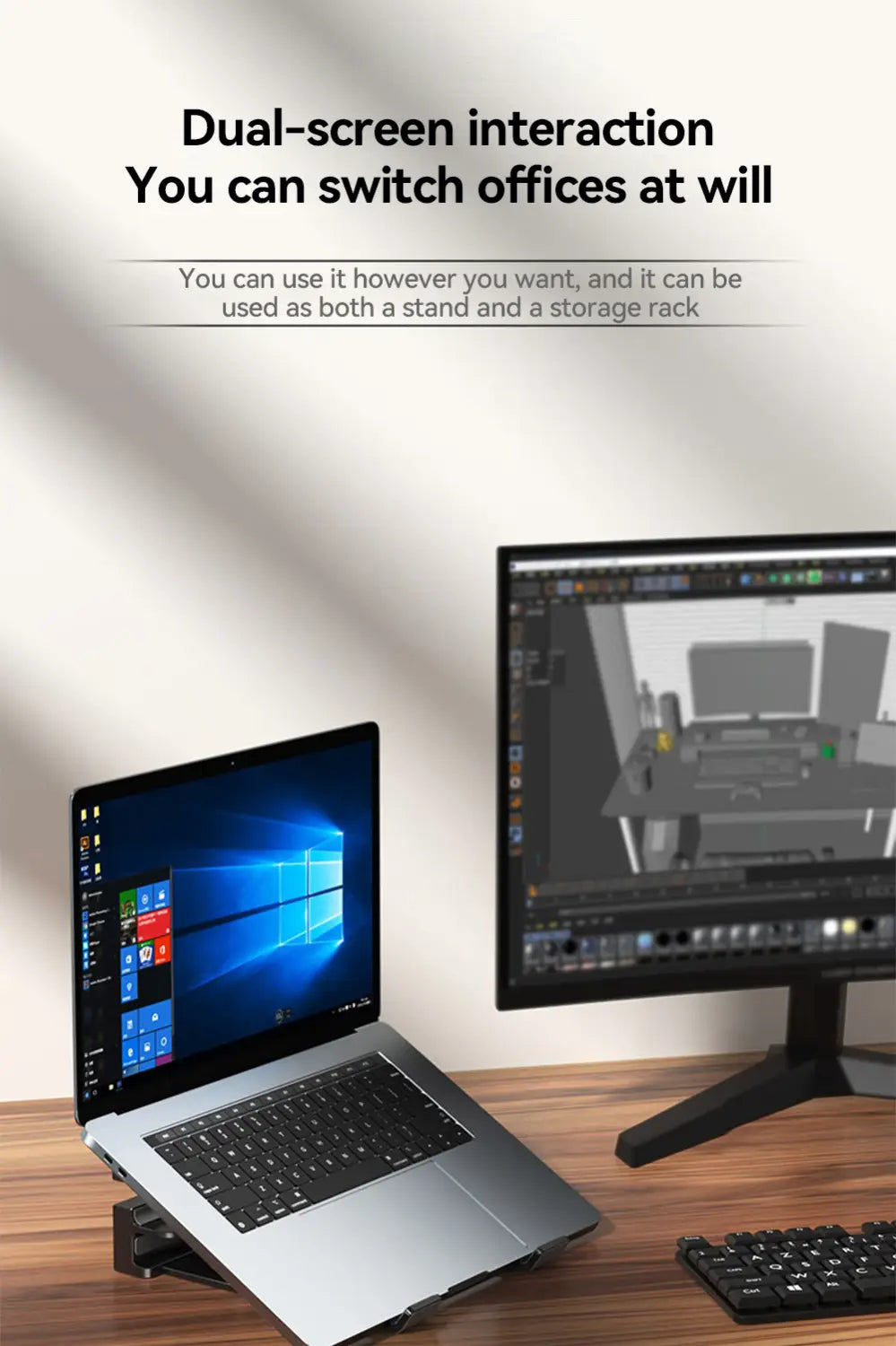 silberner verstellbarer vertikaler Laptopständer und -halter aus Metall mit einem Design für die Dual-Screen-Interaktion zur ergonomischen Organisation des Arbeitsplatzes.