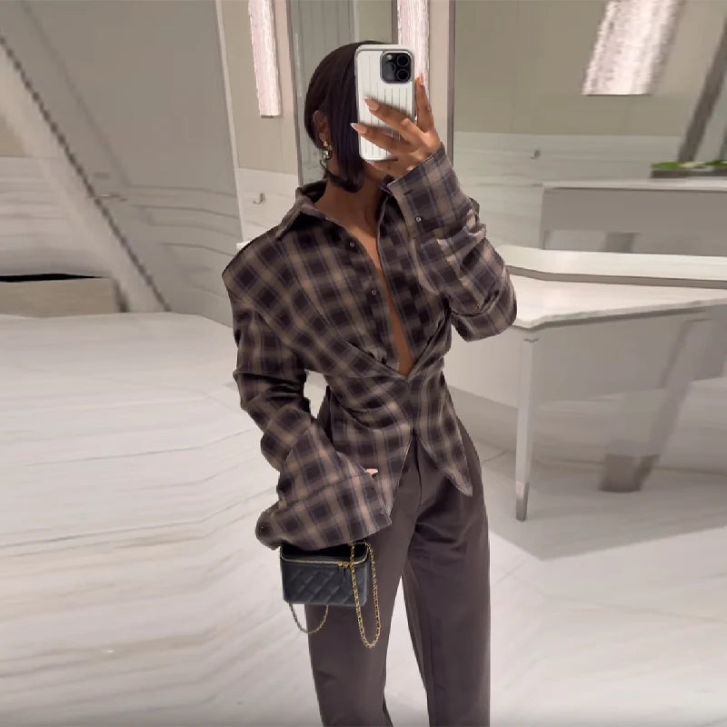 Women Chic Design Sense Plaid Shirt Fashion Casual Waist Cinched Slim Fit Long Sleeved Sexy Shirts  Autumn Stylish Women Tops