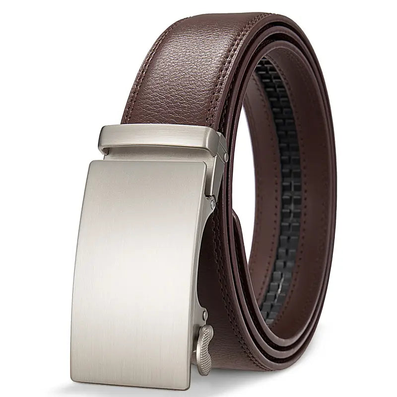 brown leather ratchet belt for men featuring a sleek silver-toned automatic buckle and adjustable fit