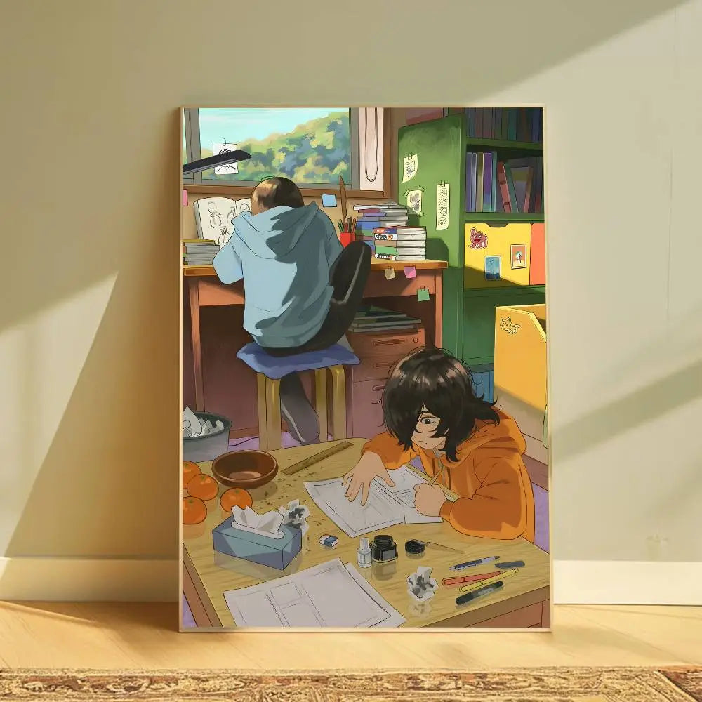 Impresión de lona rectangular que presenta dos personajes estilo anime estudiando en una habitación iluminada cálidamente, con colores pastel y elementos interiores detallados, diseñada como arte mural gráfico moderno para la sala de estar.