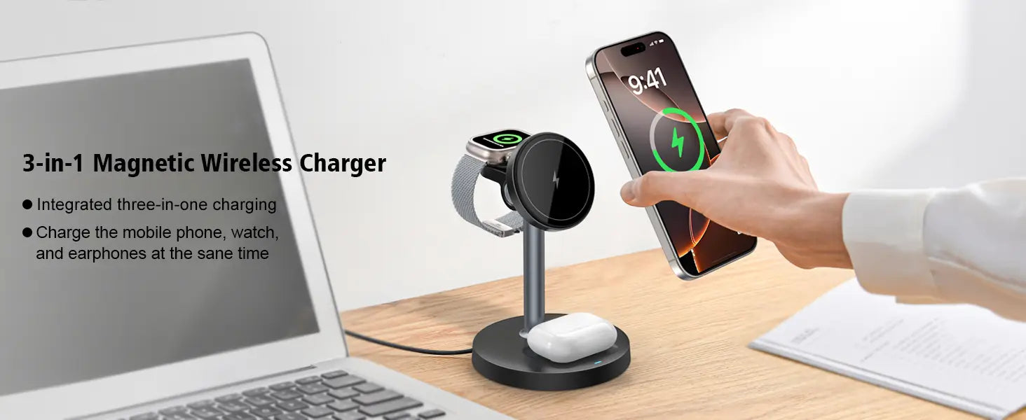 silver magnetic wireless charger stand 3-in-1 with a sleek minimalist design holding an iphone apple watch and airpods simultaneously for efficient wireless charging