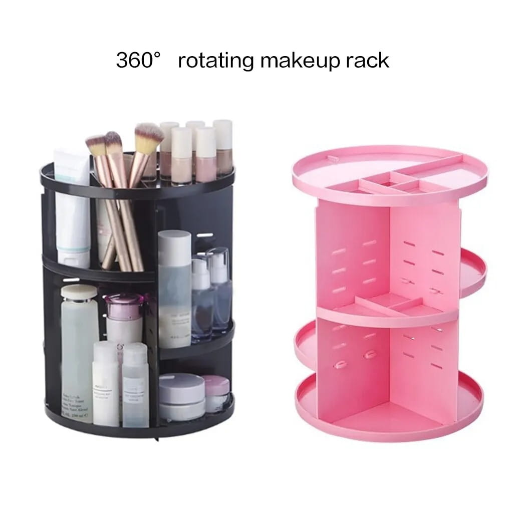 Support d’organisation de maquillage tournant en plastique noir et rose, stockage cosmétique à 360 degrés, avec étagères à niveaux pour organiser les cosmétiques