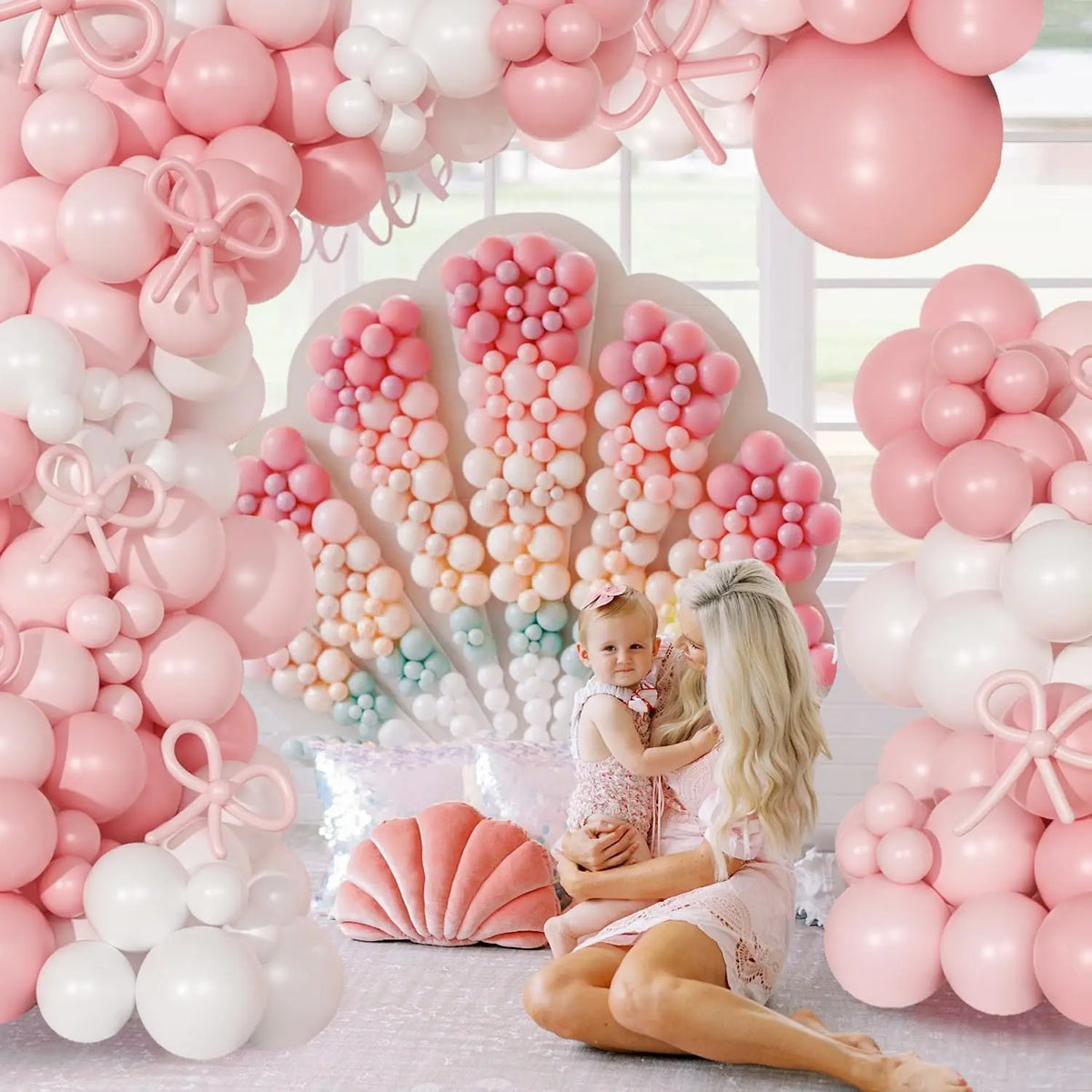 119Pcs Bow Pink and White Balloon Garland Arch Kit Wedding, Engagements, Birthday, Bridal Shower, Baby Shower Anniversary Decor