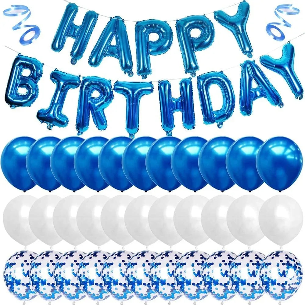 43Pcs Blue Happy Birthday Balloon Banner White And Blue Confetti Balloons for Boy Birthday Party Decorations