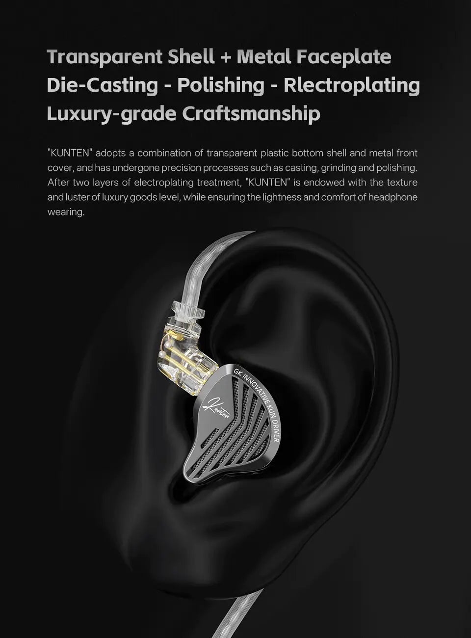 Auriculares de inserción (in-ear) con cable Gk Kunten HiFi, con micrófono, que presentan monitores in-ear metálicos plateados con carcasas de plástico transparente y placas frontales de metal electrochapado con textura.