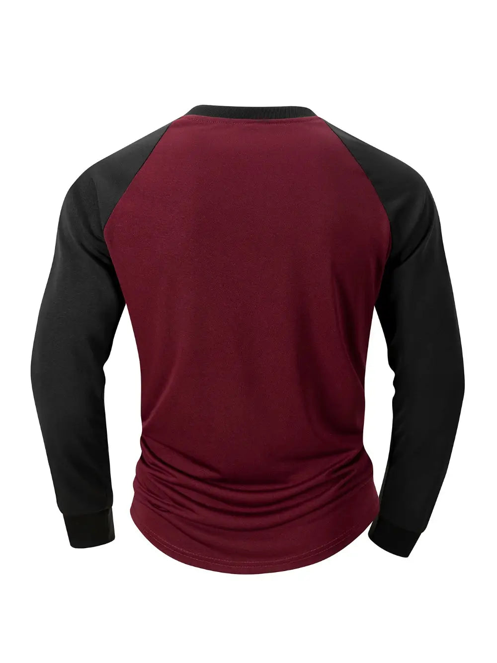 Mens raglan long sleeve casual t-shirt in maroon and black with raglan sleeves, ribbed cuffs and collar, ideal for everyday wear.