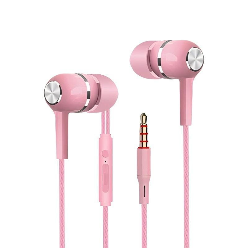 Rosa 3,5-mm-Kabel-In-Ear-Kopfhörer mit silberfarbenen metallischen Akzenten und passendem rosafarbenem Kabel mit eingebautem Mikrofon.