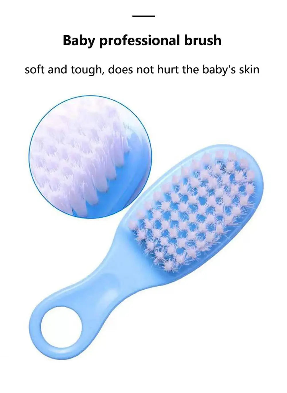Light blue plastic baby professional brush with soft white bristles included in a baby healthcare and grooming kit.