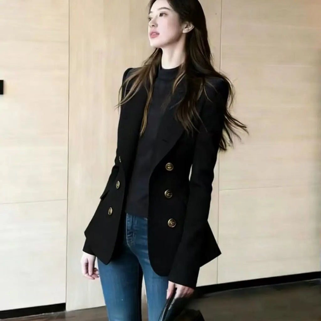 French High-grade Navy Blue Double-Breasted Blazer Jacket Outwear Women's 2026 Spring New Fashion Loose Commuter Suit Jacket Top