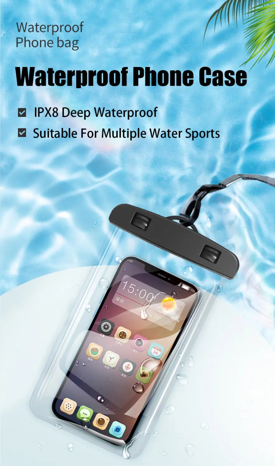 Transparente wasserdichte Handyhülle mit schwarzer Oberklappe und Gurt aus robustem Kunststoff, ausgelegt für Wassersport in einer universellen Unterwasserhülle für das Telefon.
