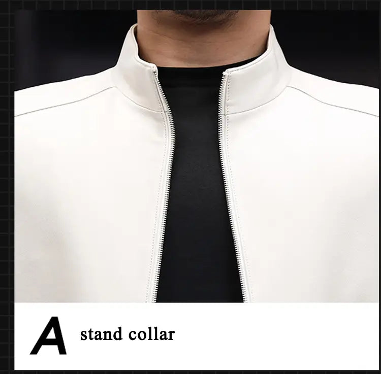 Veste en cuir blanc pour homme avec col montant blanc et design moderne épuré, ainsi que des détails de surpiqûres discrets, idéale pour un style professionnel masculin en hiver et un style professionnel masculin simple.