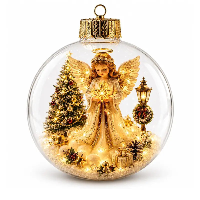 Une figurine d’ange doré, avec des ailes détaillées et un halo tenant une étoile lumineuse à l’intérieur d’une boule d’ornement en verre transparent remplie de décorations de Noël miniatures.