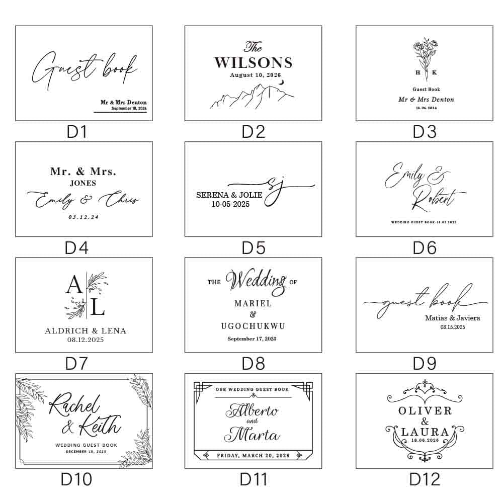 a collection of twelve elegant black and white wedding guest book cover designs featuring personalized names dates and decorative elements displayed as part of the personalized pink wedding guest book with pen product.