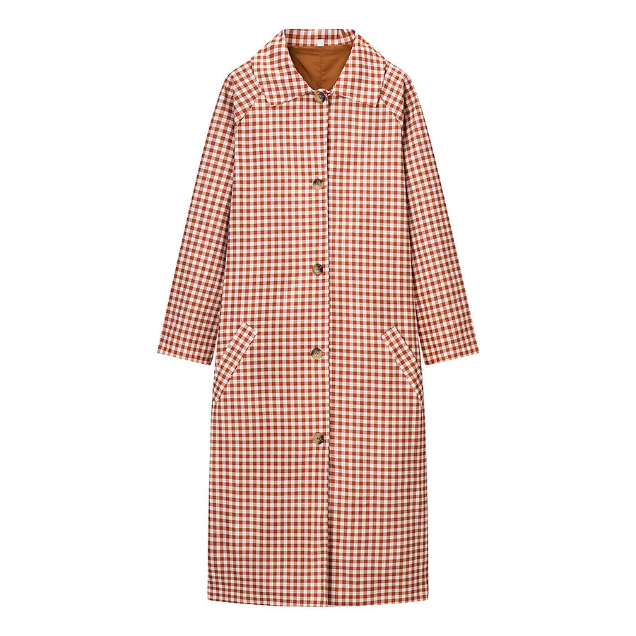 Women Casual Plaid Long Trench Coat Female Red Plaid Single Breasted Full Sleeve Windbreaker Jacket Spring Autumn Lady Coat
