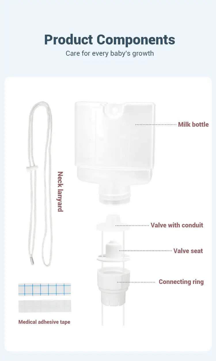 Klare Milchflasche aus Kunststoff mit weißem Ventilbau und Verbindungsring für ein Zusatzpflegesystem, ausgelegt für das Stillen von Neugeborenen.